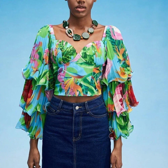 Green Boho Womens Tropical Print Lettuce Trim Layered Sleeve Crop Top - Picture 5 of 5